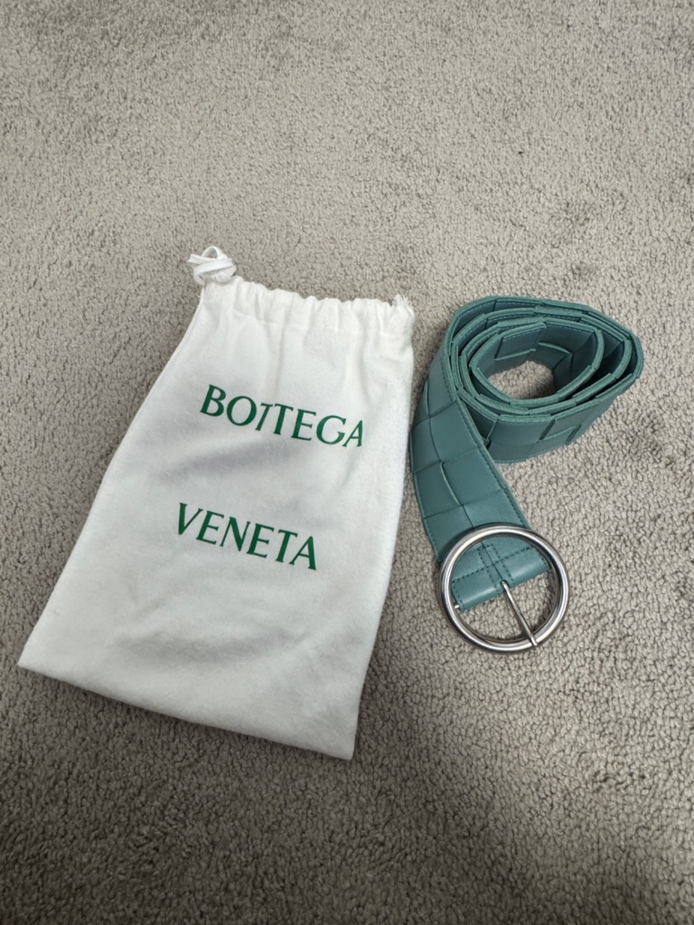 Bottega Veneta Teal Intrecciato Leather Belt with Silver Buckle